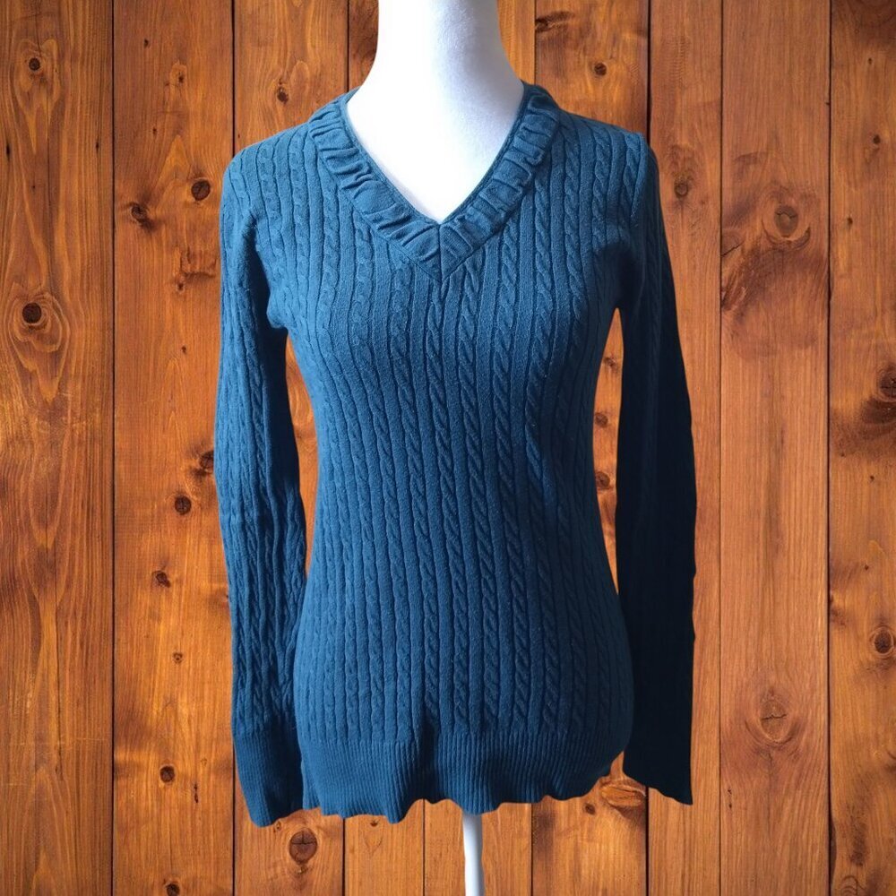 EDDIE BAUER WOMEN'S MEDIUM LONG SLEEVE BLUE V-NECK SWEATER PULLOVER PREPPY